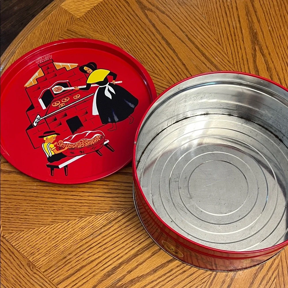 Vintage Pennsylvania Dutch  Red Decorative Tin with Black and Gold Accents